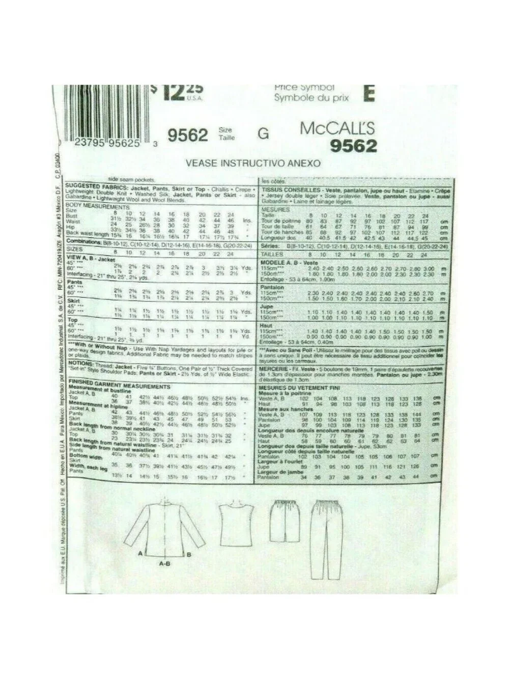 VINTAGE Sewing Pattern McCalls 9562 Miss 3 Hour Seperate Jacket Pant Skirt 20-24